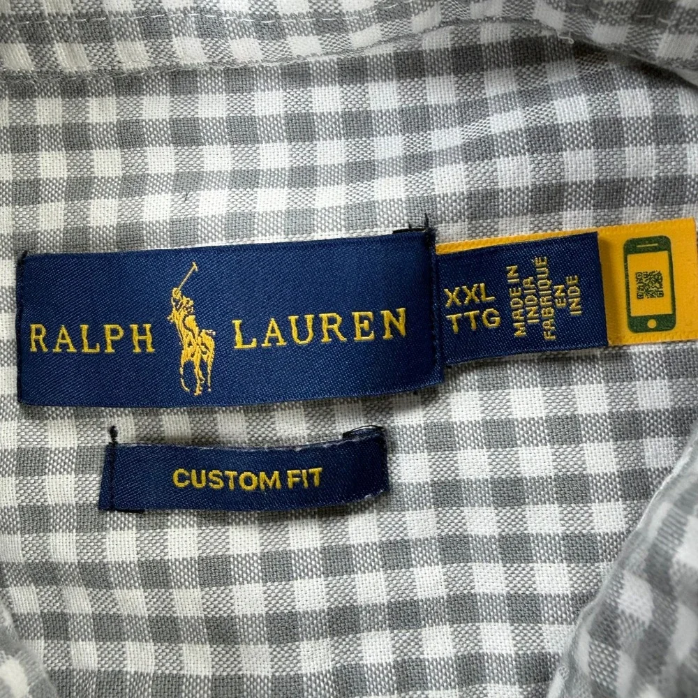 Polo Ralph Lauren Button Down Mens XXL Grey Excellent Gingham Custom Fit Shirt‎